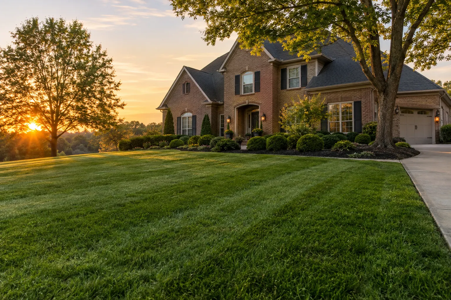 Freshly striped front lawn of a brick home at sunset