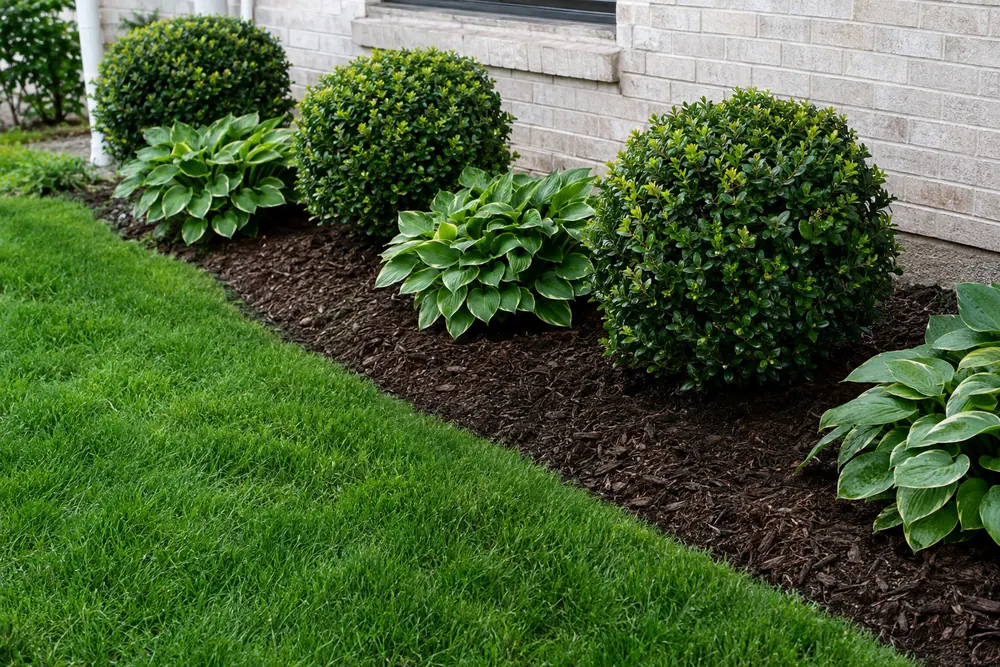 Fresh mulch bed with trimmed boxwoods